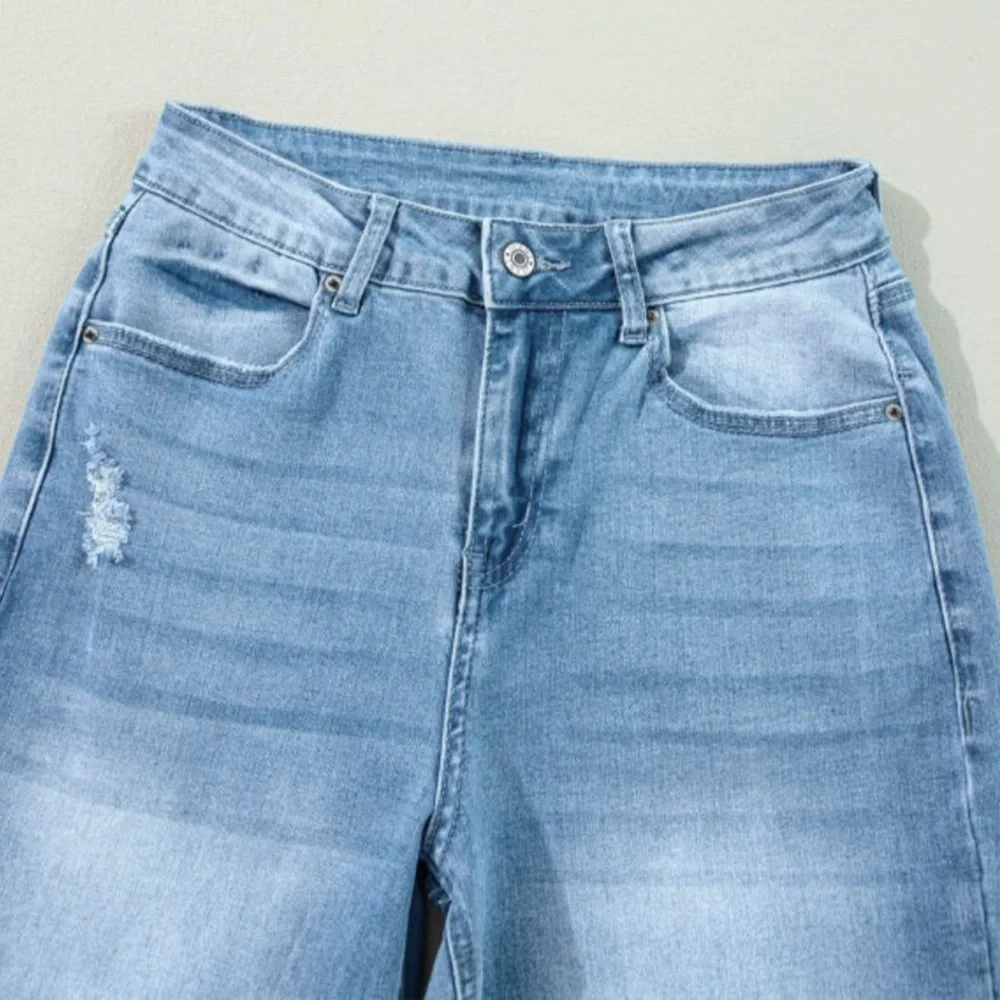 Light Blue High Rise Shift Slit Straight Leg Jeans - Picture 8 of 14